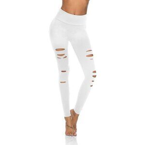 🆕Women White High Waist Pants Cutout Ripped Tummy Control Yoga Skinny Leggings